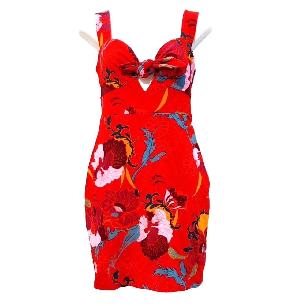 Free People Sweet Cherry Front Tie Mini Dress Bodycon Cutout Floral Red Womens S - Picture 3 of 11
